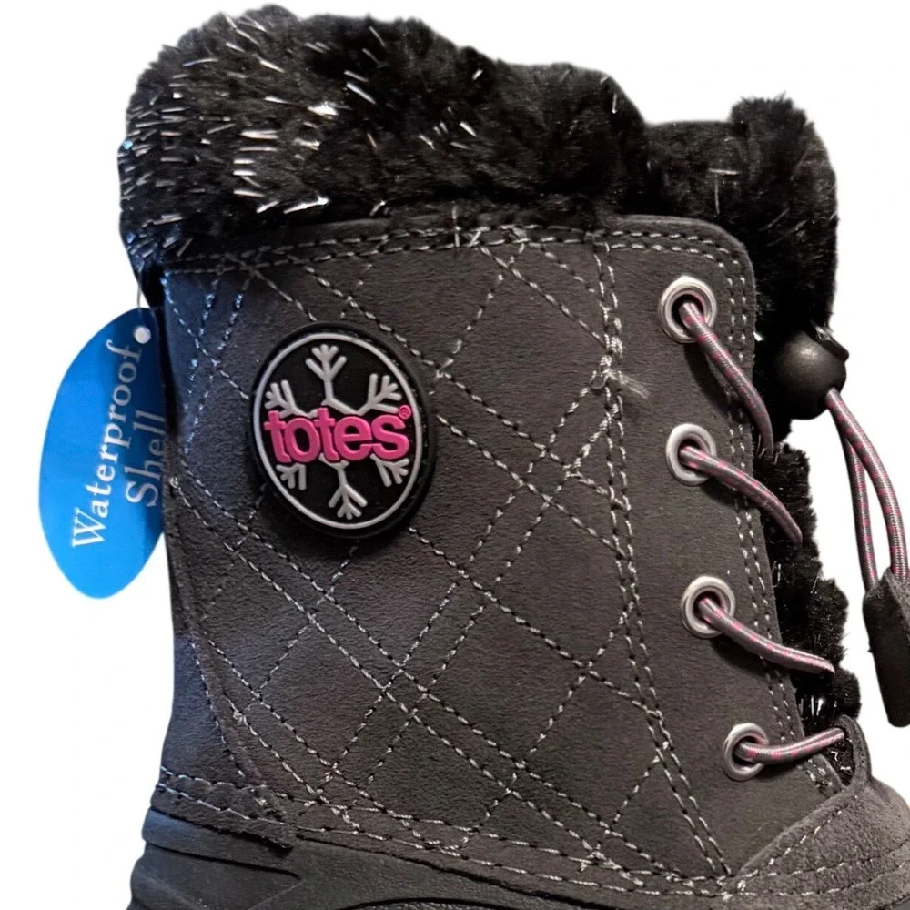 Totes Harper Mid Girls Waterproof Winter Boots Grey Pink Faux Fur Size 13 NEW